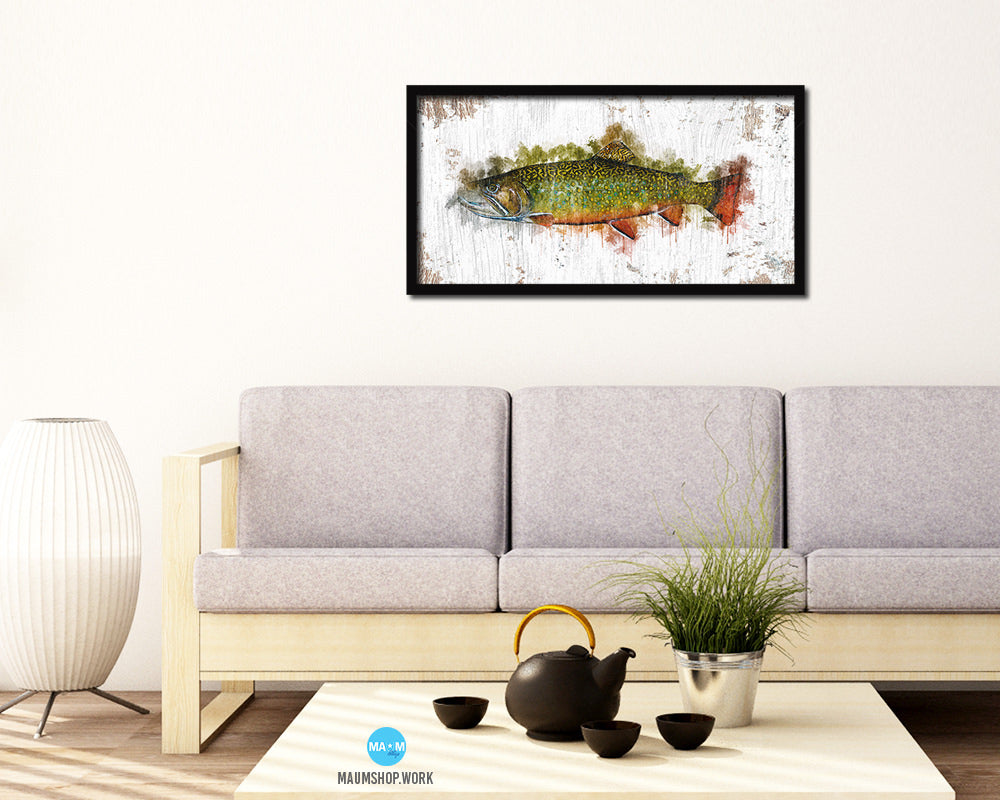 Brook Trout Fish Art Wood Frame Shabby Chic Restaurant Sushi Wall Decor Gifts, 10" x 20"