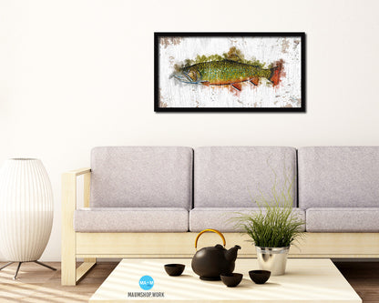 Brook Trout Fish Art Wood Frame Shabby Chic Restaurant Sushi Wall Decor Gifts, 10" x 20"