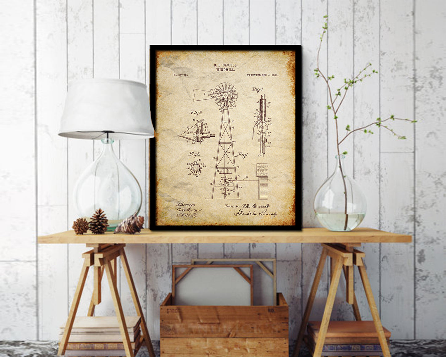 Windmill Farming Vintage Patent Artwork Walnut Frame Gifts