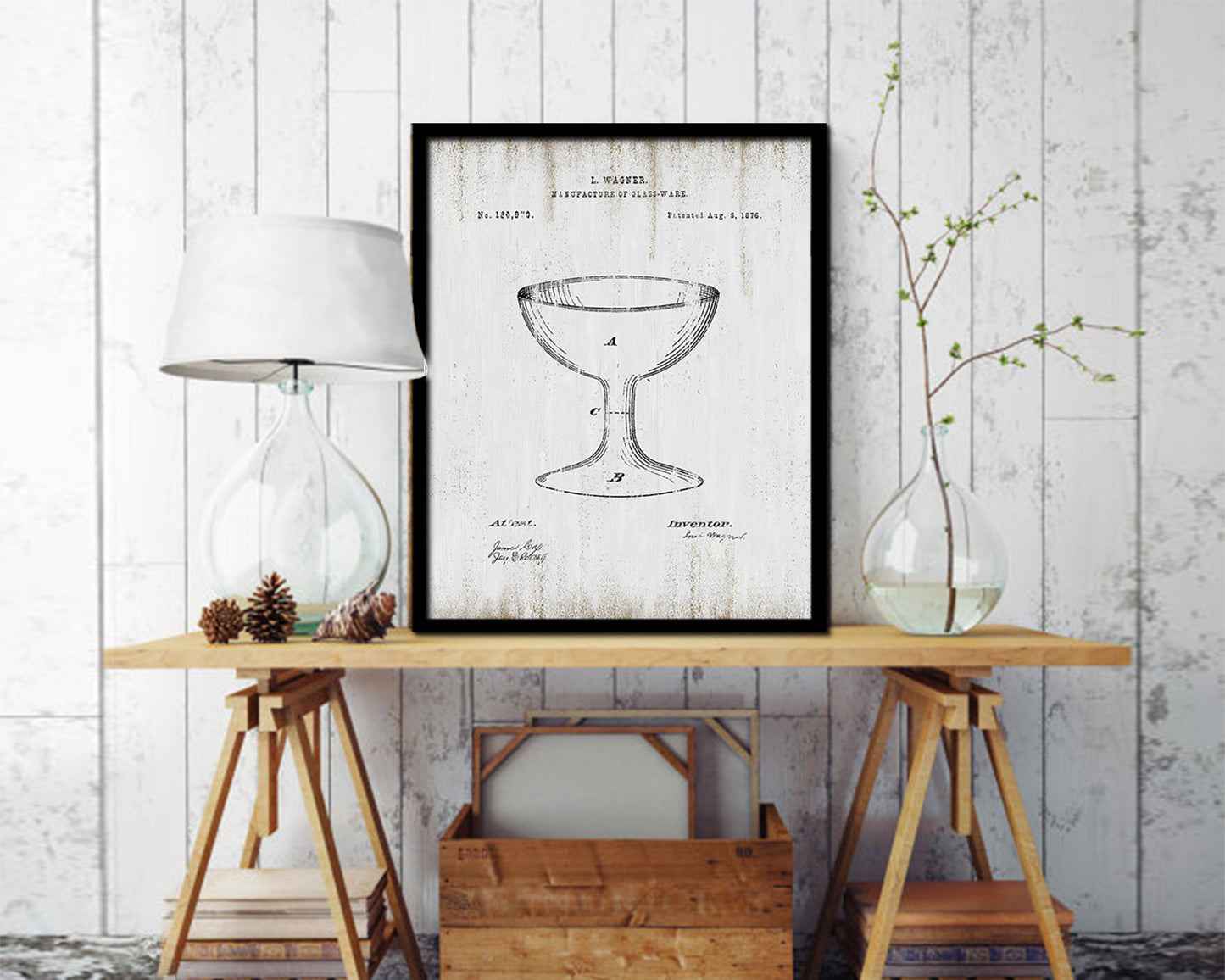 Manufacture of Glassware Wine Vintage Patent Artwork Black Frame Print Gifts