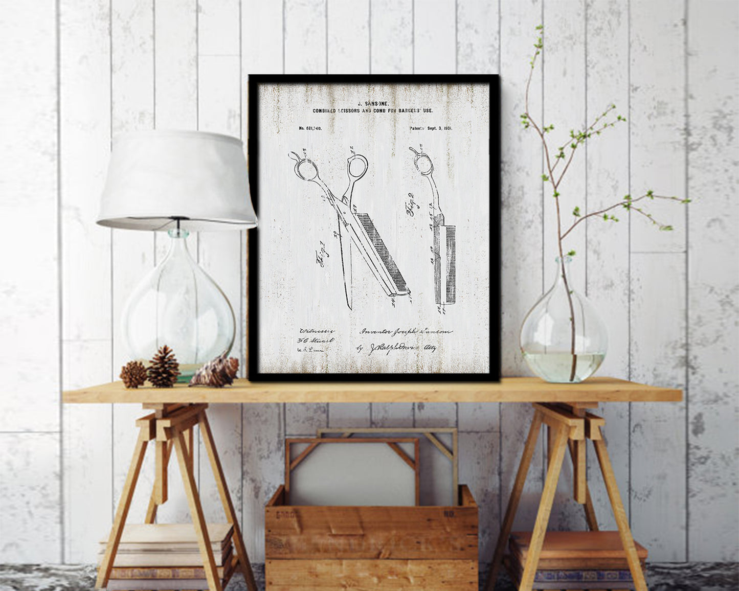Combined Scissors and Comb Barbershop Vintage Patent Artwork Black Frame Print Gifts