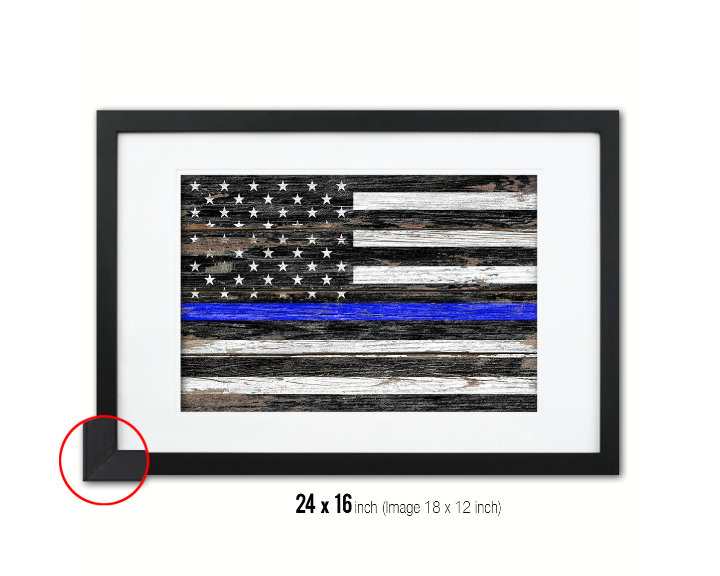 Thin Blue Line Honoring Law Enforcement American Wood Rustic Flag Framed Print Art