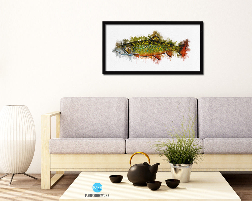 Brook Trout Fish Art Wood Frame Modern Restaurant Sushi Wall Decor Gifts, 10" x 20"