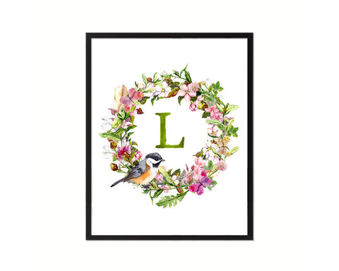 Letter L Floral Wreath Monogram Framed Print Wall Art Decor Gifts