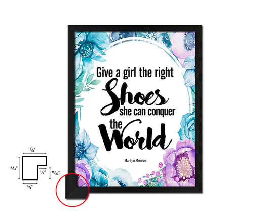 Give a girl the right shoes, Marilyn Monroe Quote Boho Flower Framed Print Wall Decor Art