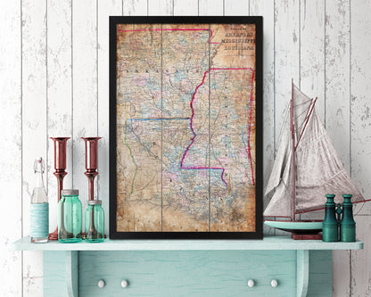 Arkansas Louisiana Mississippi Antique Map Wood Framed Print Art Wall Decor Gifts