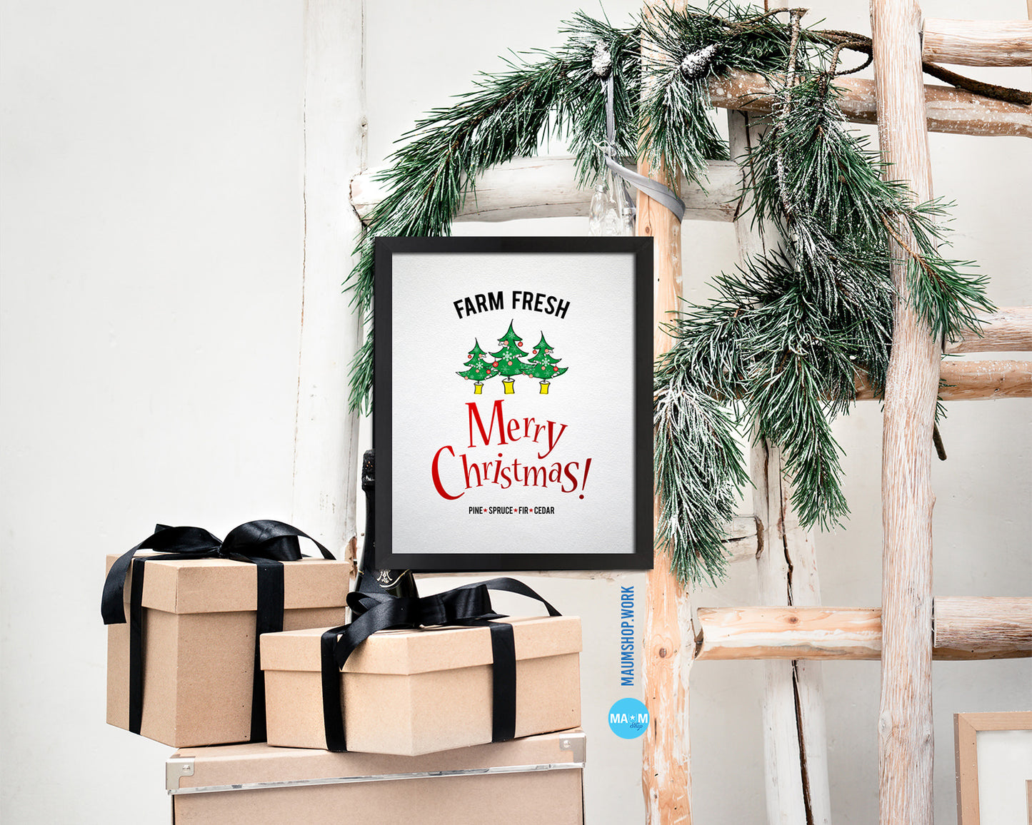 Farm Fresh Merry Christmas Holiday Season Gifts Wood Framed Print Home Decor Wall Art