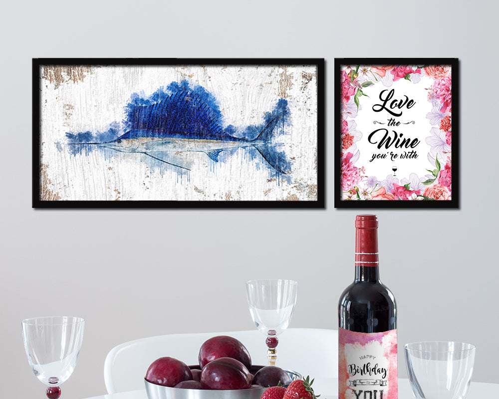 Sailfish Fish Art Wood Frame Shabby Chic Restaurant Sushi Wall Decor Gifts, 10" x 20"