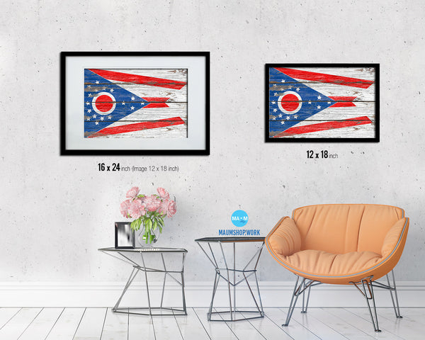 Ohio State Rustic Flag Wood Framed Paper Prints Wall Art Decor Gifts
