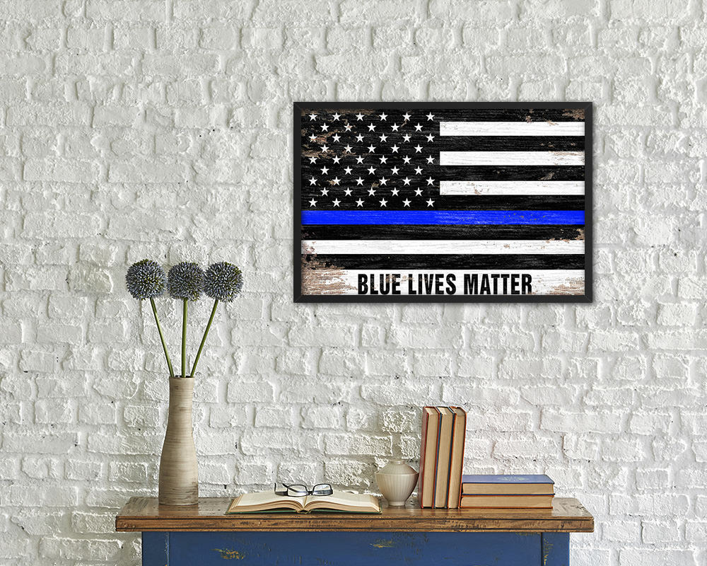 Thin Blue Line Honoring Law Enforcement American, Blue lives matter Shabby Chic Military FlagFramed Print Art