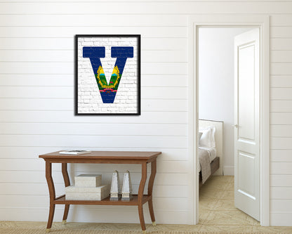 Vermont State Initial Flag Wood Framed Paper Print Decor Wall Art Gifts, Brick