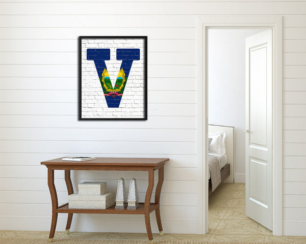 Vermont State Initial Flag Wood Framed Paper Print Decor Wall Art Gifts, Brick