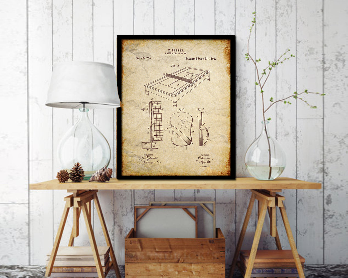 Tennis Table Sports Vintage Patent Artwork Walnut Frame Gifts