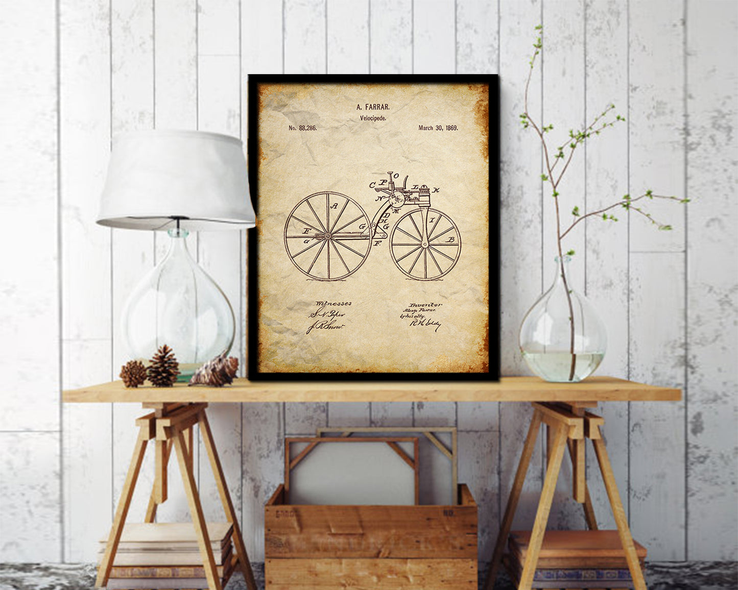 Velocipede Bicycle Vintage Patent Artwork Walnut Frame Print Wall Art Decor Gifts