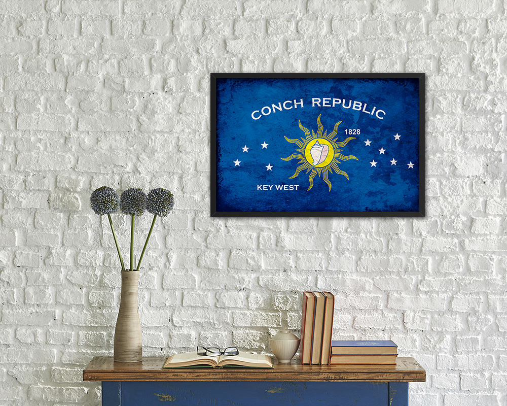 Conch Republic Key West City Florida State Vintage Flag Wood Framed Prints Decor Wall Art Gifts