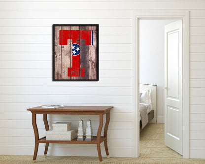 Tennessee State Initial Flag Wood Framed Paper Print Decor Wall Art Gifts, Wood