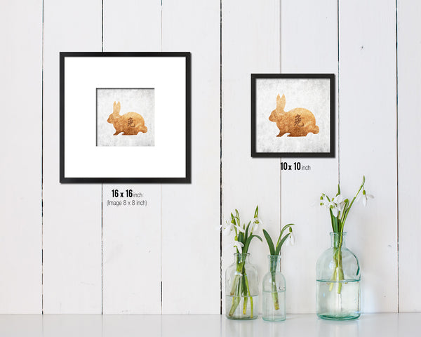 Rabbit Chinese Zodiac Character Wood Framed Print Wall Art Decor Gifts, White
