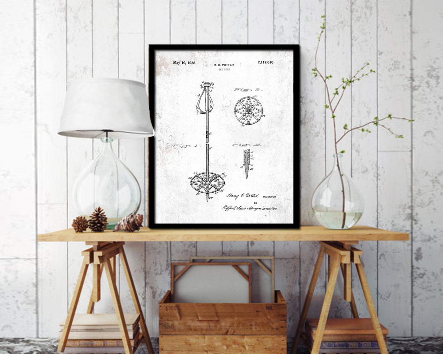 Ski Pole Sports Vintage Patent Artwork Black Frame Print Gifts