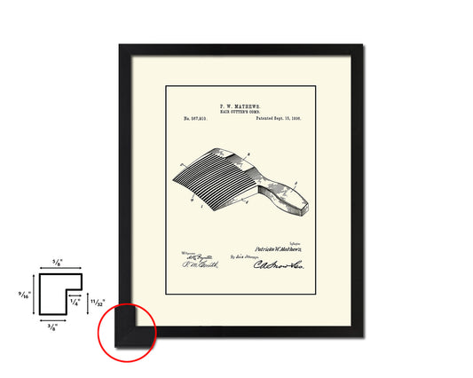 Hair Cutter's Comb Barbershop Vintage Patent Artwork Black Frame Print Wall Art Decor Gifts