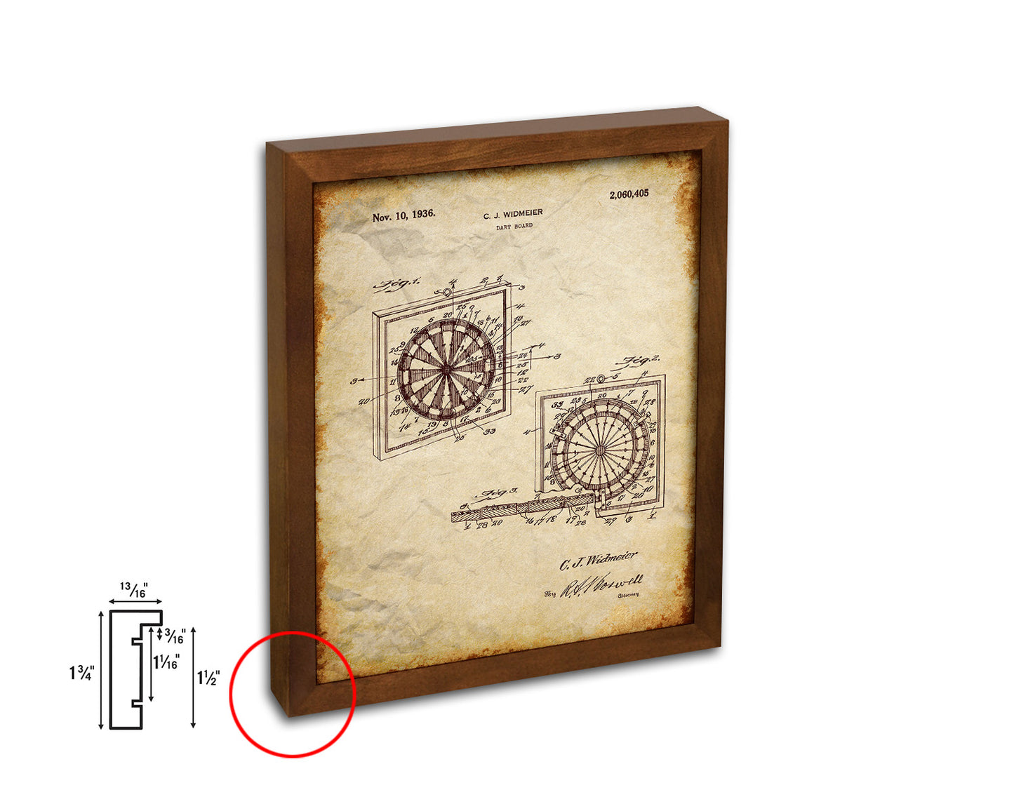 Dart Board Sports Vintage Patent Artwork Walnut Frame Gifts