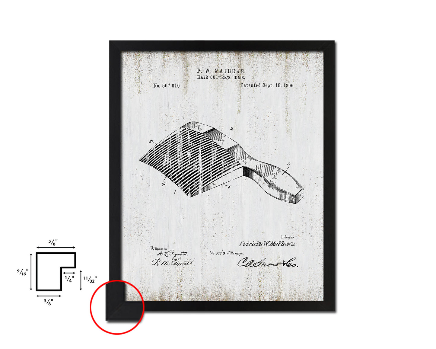 Hair Cutter's Comb Barbershop Vintage Patent Artwork Black Frame Print Wall Art Decor Gifts