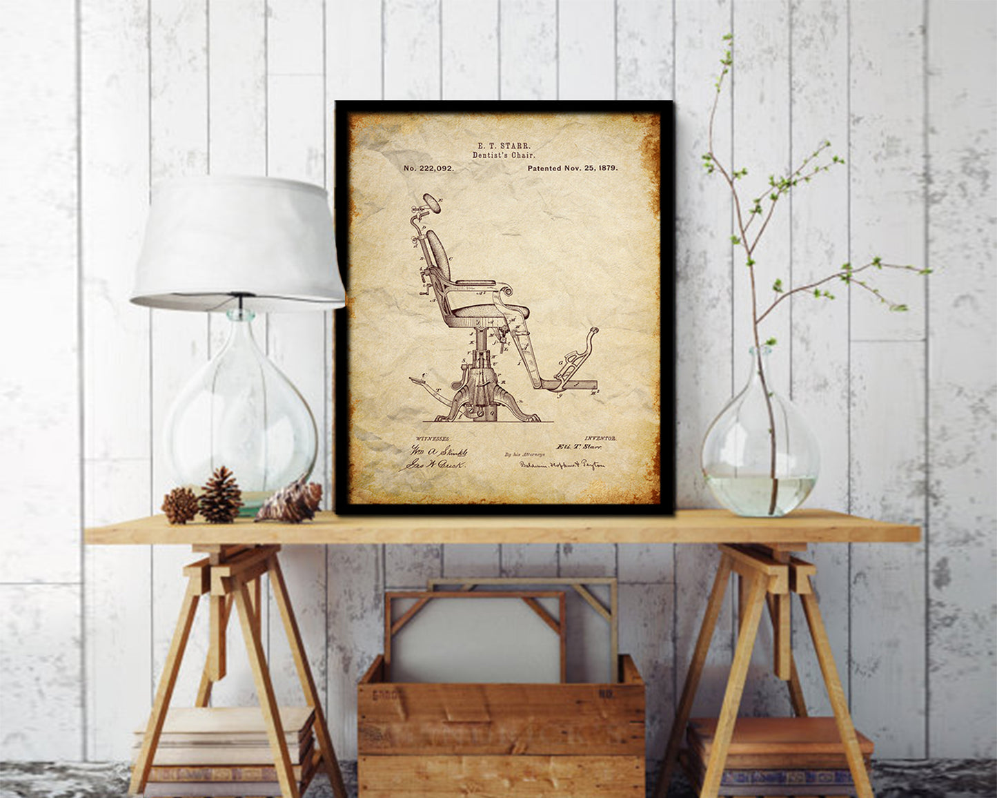 Dental Chair Dentist Vintage Patent Artwork Walnut Frame Print Wall Art Decor Gifts