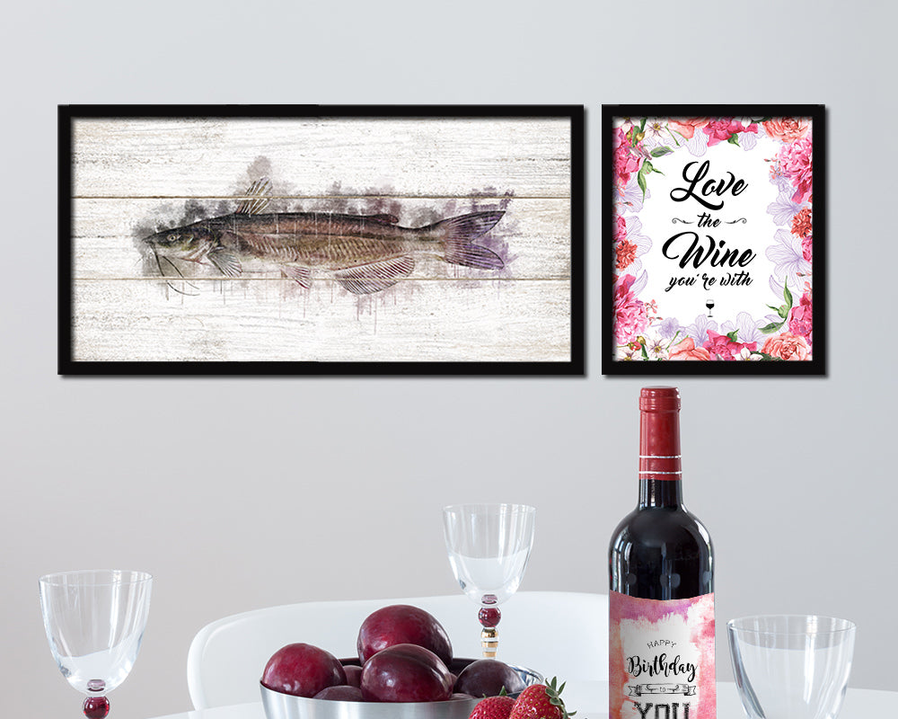 Catfish Fish Art Wood Framed White Wash Restaurant Sushi Wall Decor Gifts, 10" x 20"