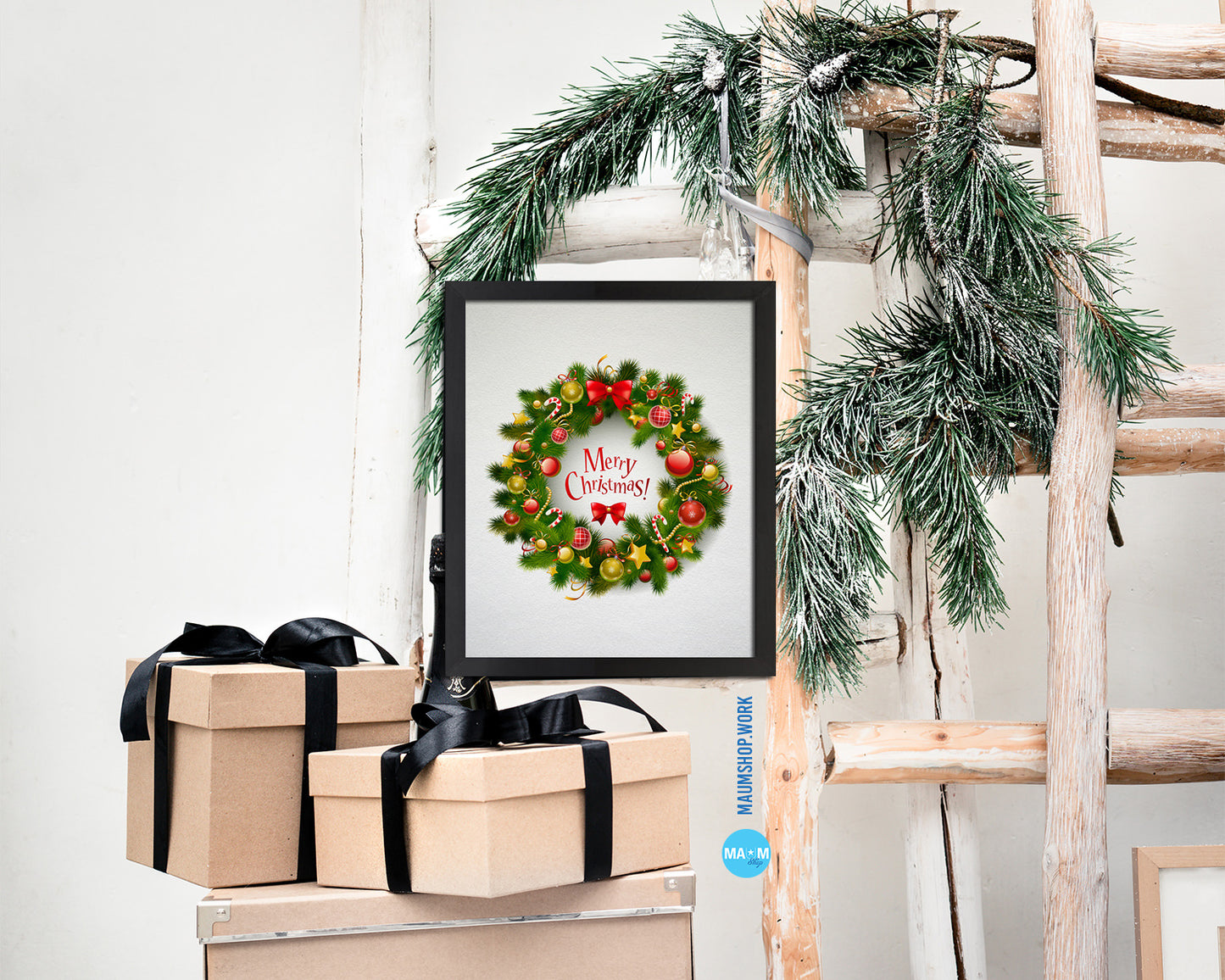 Christmas Wreath Holiday Season Gifts Wood Framed Print Home Decor Wall Art