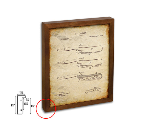 Razor Barbershop Vintage Patent Artwork Walnut Frame Print Wall Art Decor Gifts