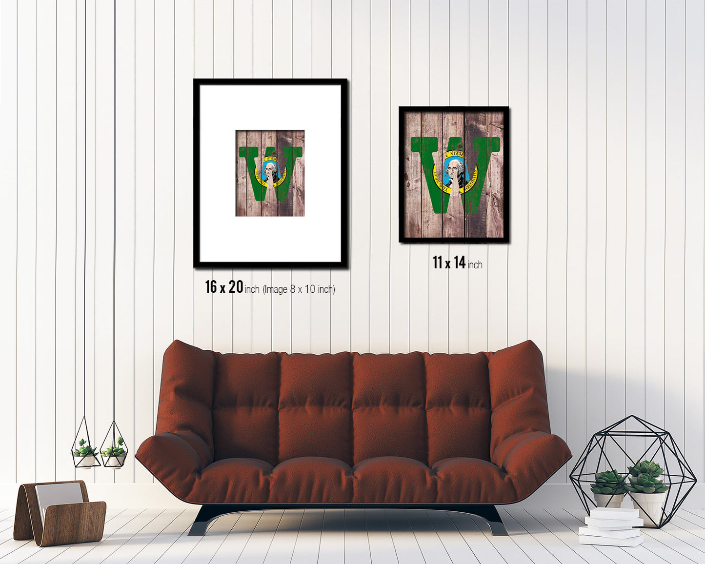 Washington State Initial Flag Wood Framed Paper Print Decor Wall Art Gifts, Wood