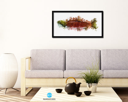 Sockeye Salmon Fish Art Wood Frame Modern Restaurant Sushi Wall Decor Gifts, 10" x 20"