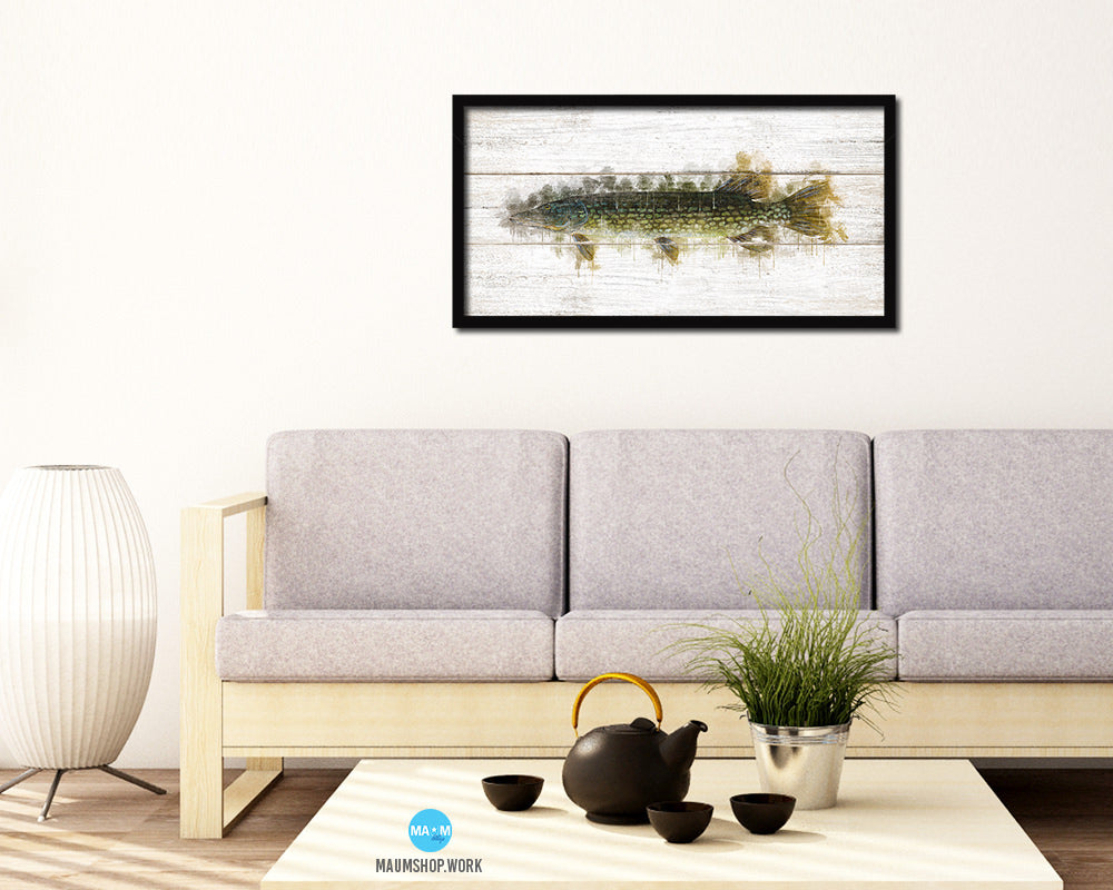 Pike Fish Art Wood Framed White Wash Restaurant Sushi Wall Decor Gifts, 10" x 20"