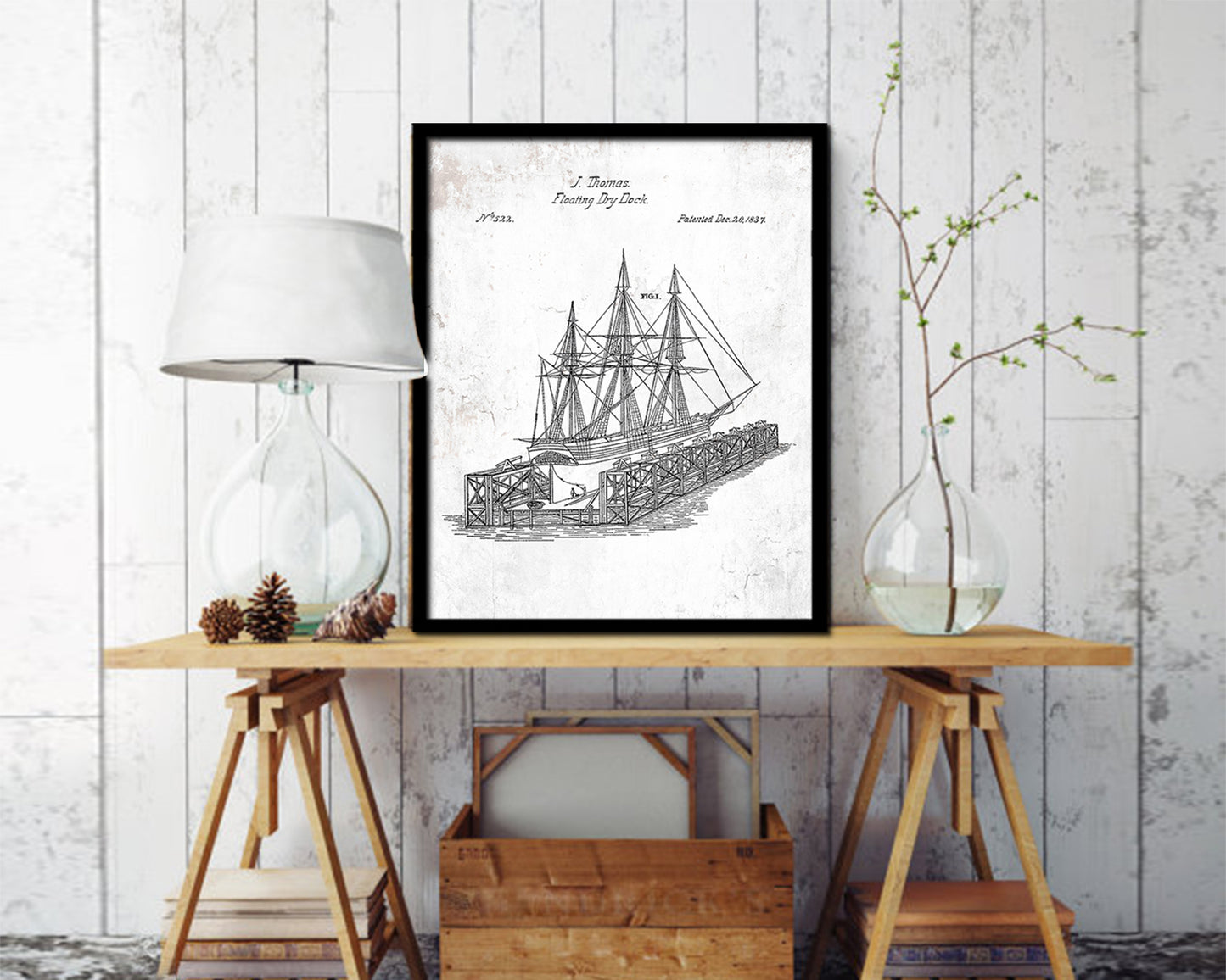 Floating Dock Nautical Vintage Patent Artwork Black Frame Print Gifts