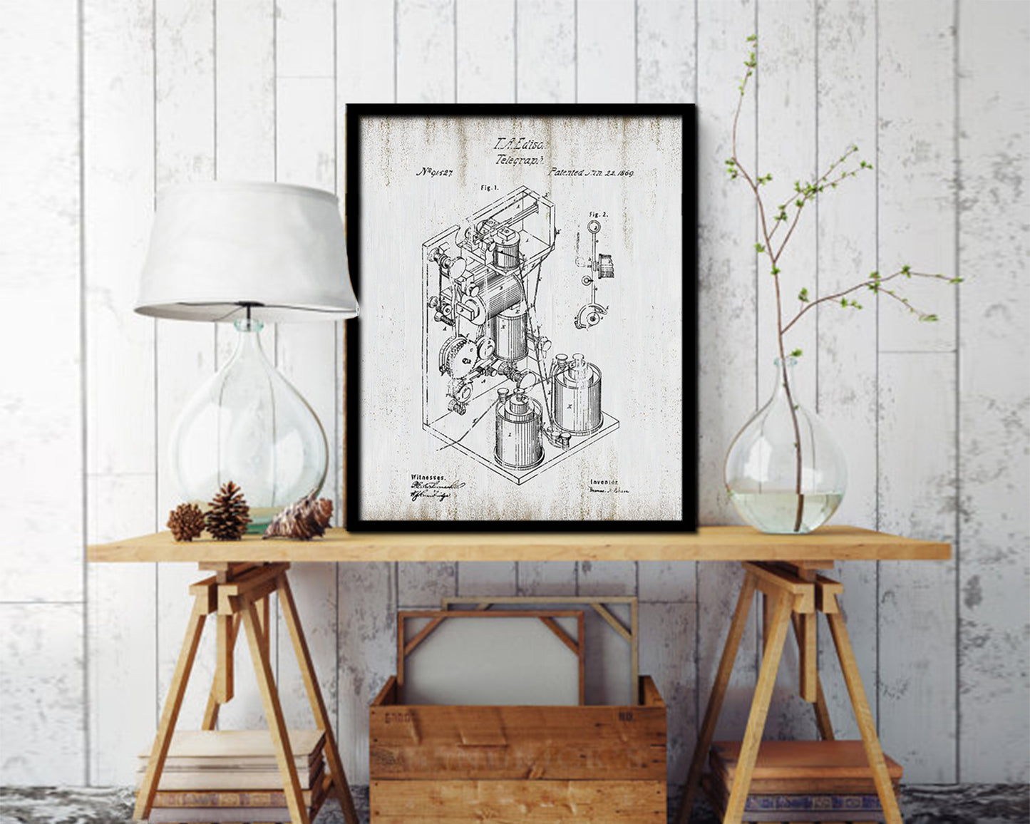 Telegraph Edison Vintage Patent Artwork Black Frame Print Wall Art Decor Gifts