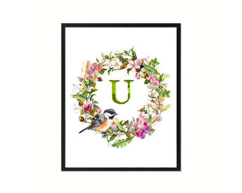 Letter U Floral Wreath Monogram Framed Print Wall Art Decor Gifts