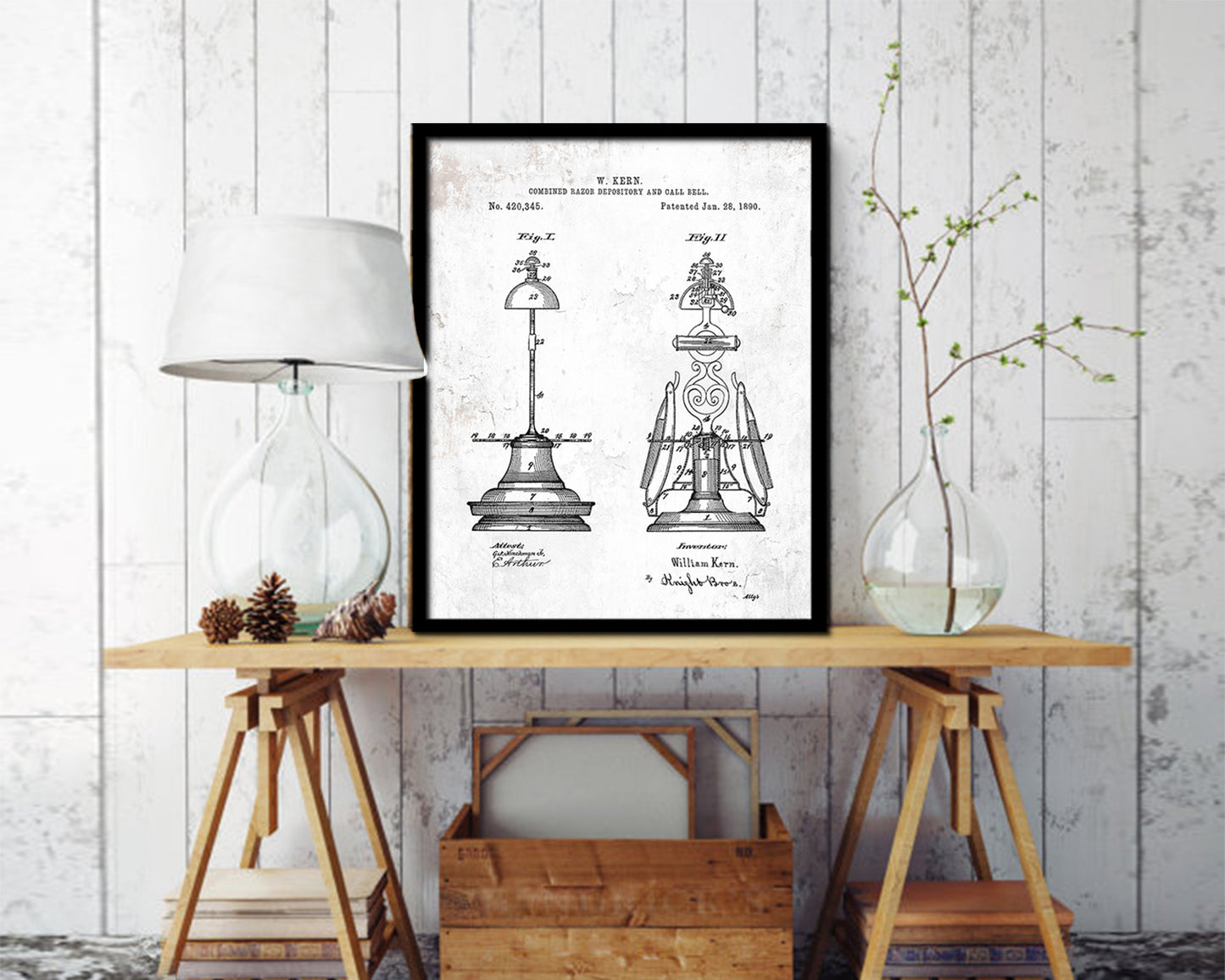 Razor Depository with Call Bell Barbershop Vintage Patent Artwork Black Frame Print Gifts
