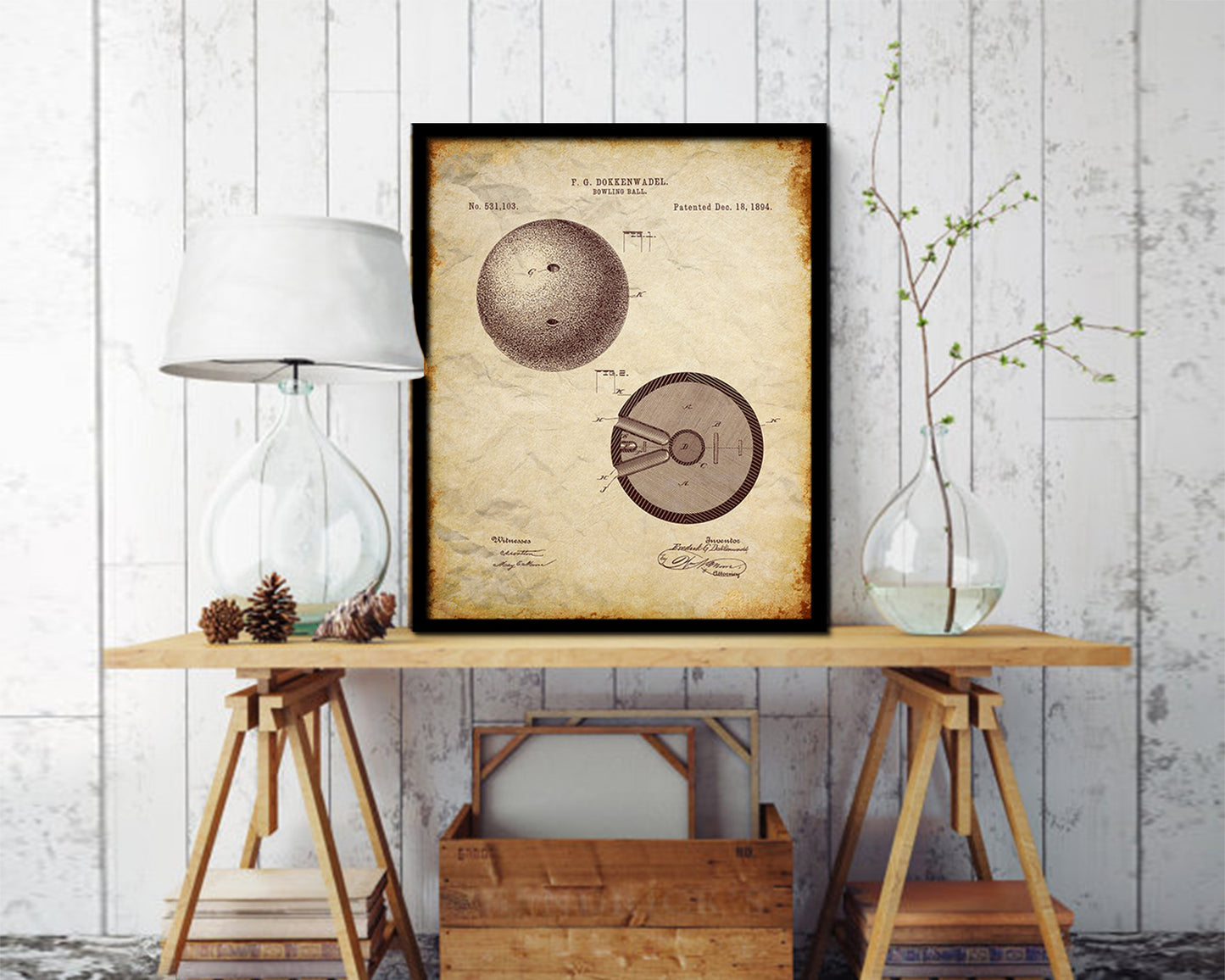 Bowling Ball Sports Vintage Patent Artwork Walnut Frame Gifts