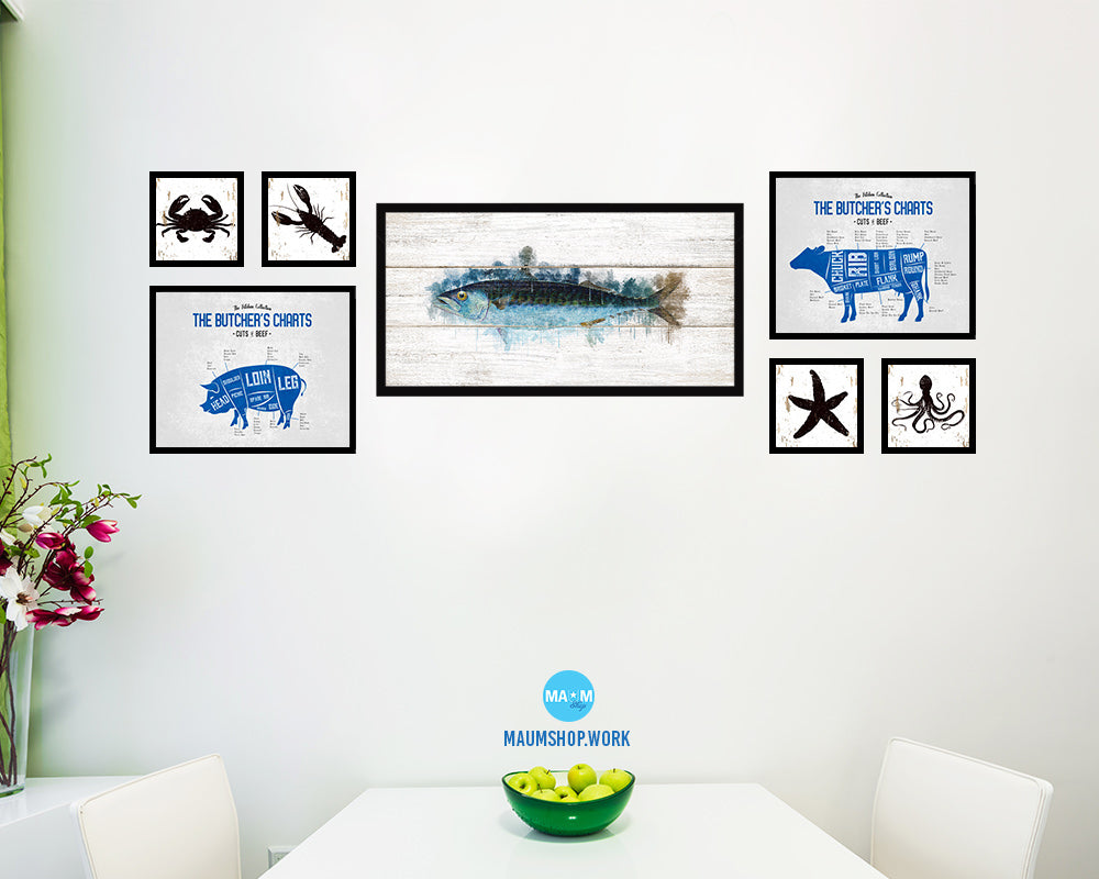 Mackeral Fish Art Wood Framed White Wash Restaurant Sushi Wall Decor Gifts, 10" x 20"