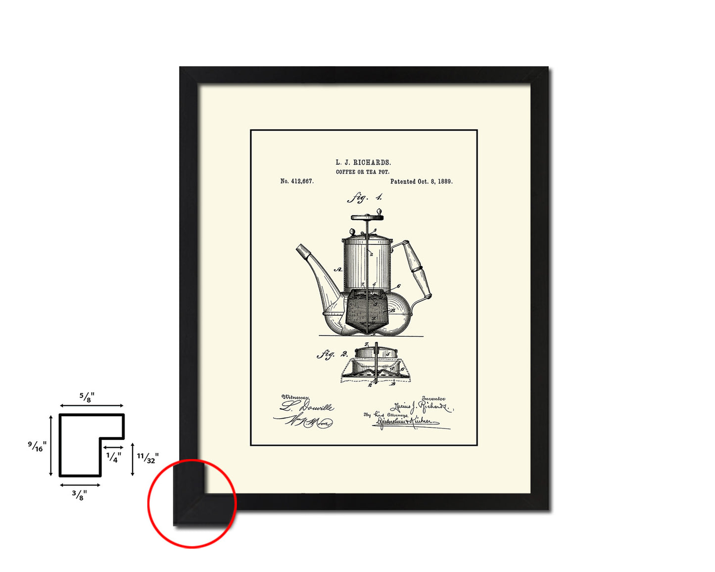 Tea Pot Coffee Vintage Patent Artwork Black Frame Print Wall Art Decor Gifts