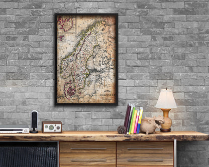 Sweden Norway Scandinavia Antique Map Wood Framed Print Art Wall Decor Gifts