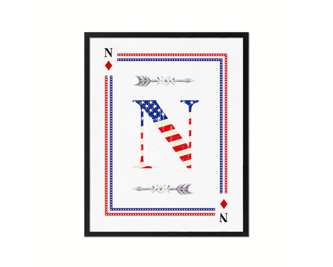 Letter N Custom Monogram Decks Diamond American Flag Framed Print Wall Art Decor Gifts