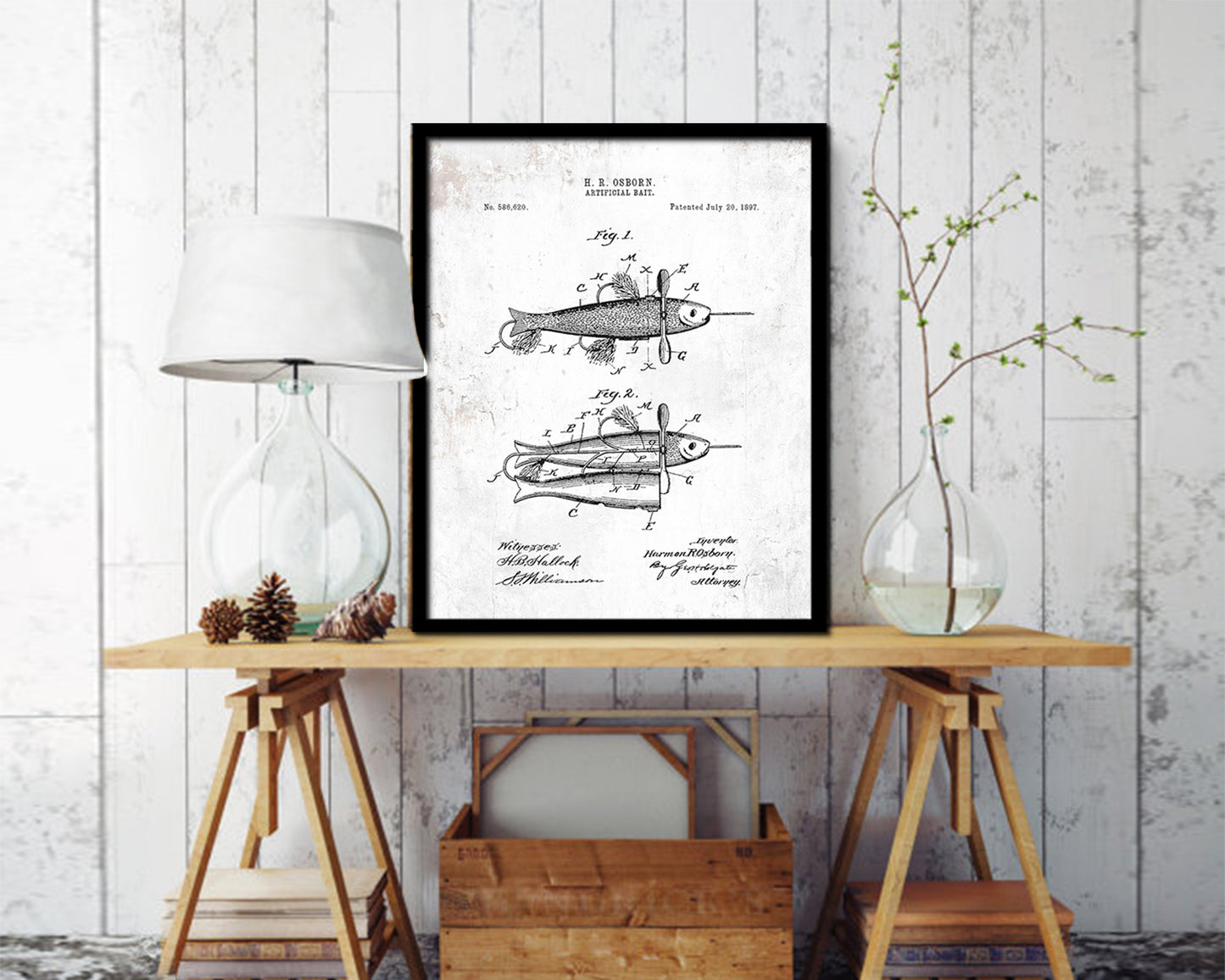 Artificial Bait Fishing Vintage Patent Artwork Black Frame Print Wall Art Decor Gifts