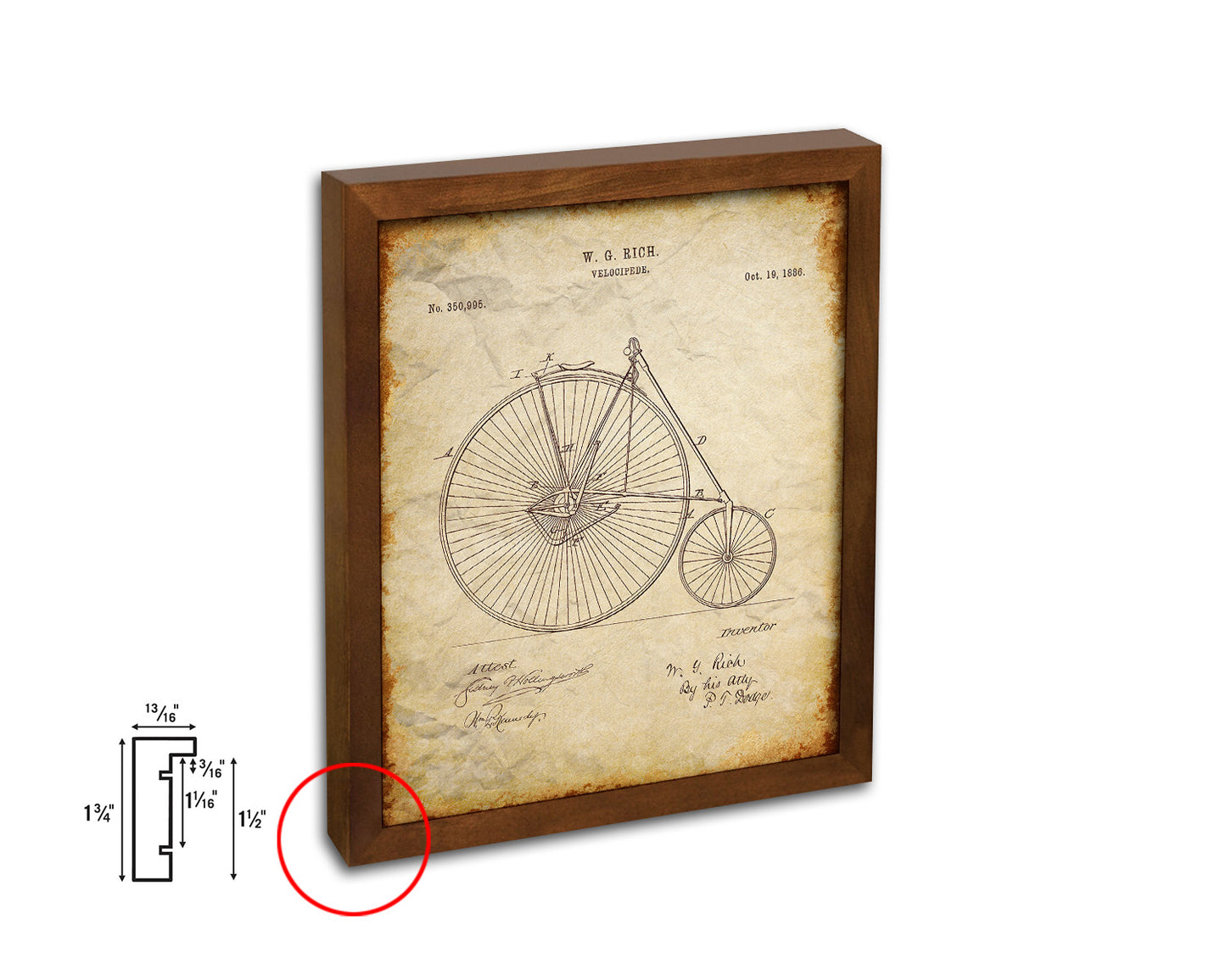 Velocipede Bicycle Vintage Patent Artwork Walnut Frame Print Wall Art Decor Gifts