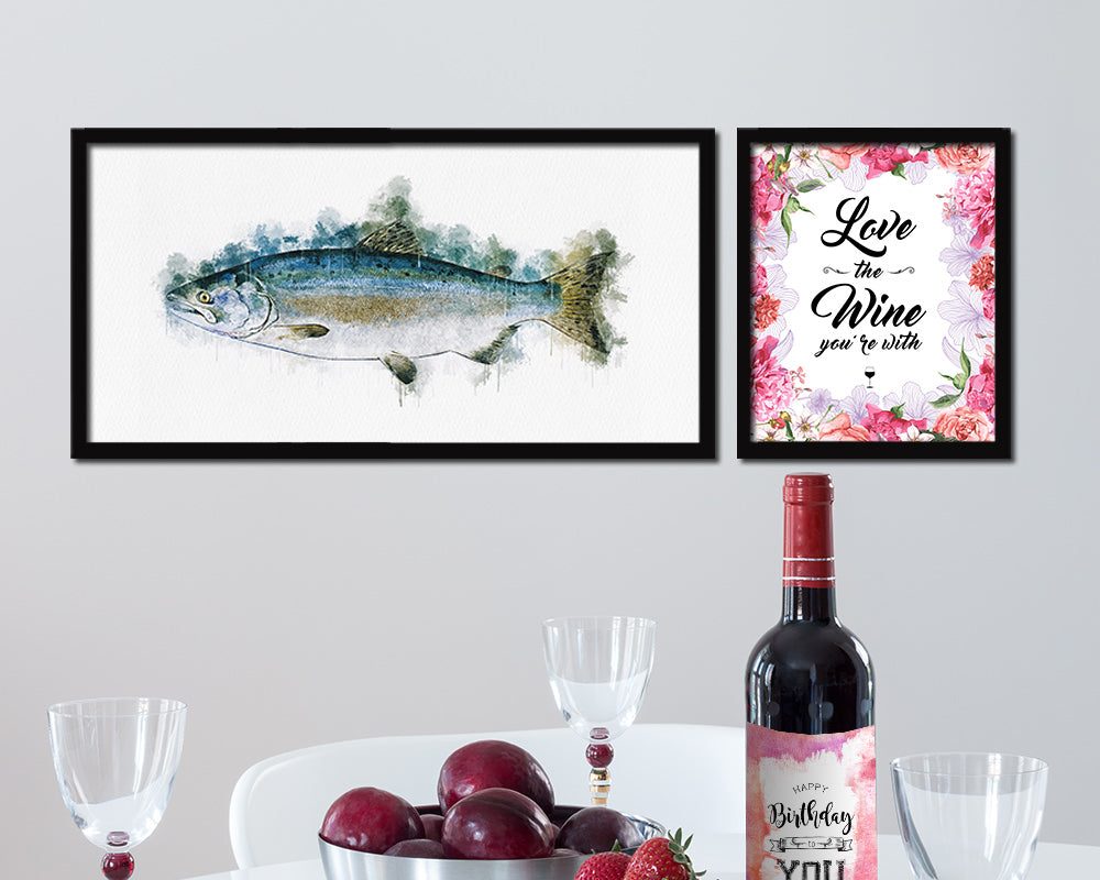 Pink Alaska Salmon Fish Art Wood Frame Modern Restaurant Sushi Wall Decor Gifts, 10" x 20"
