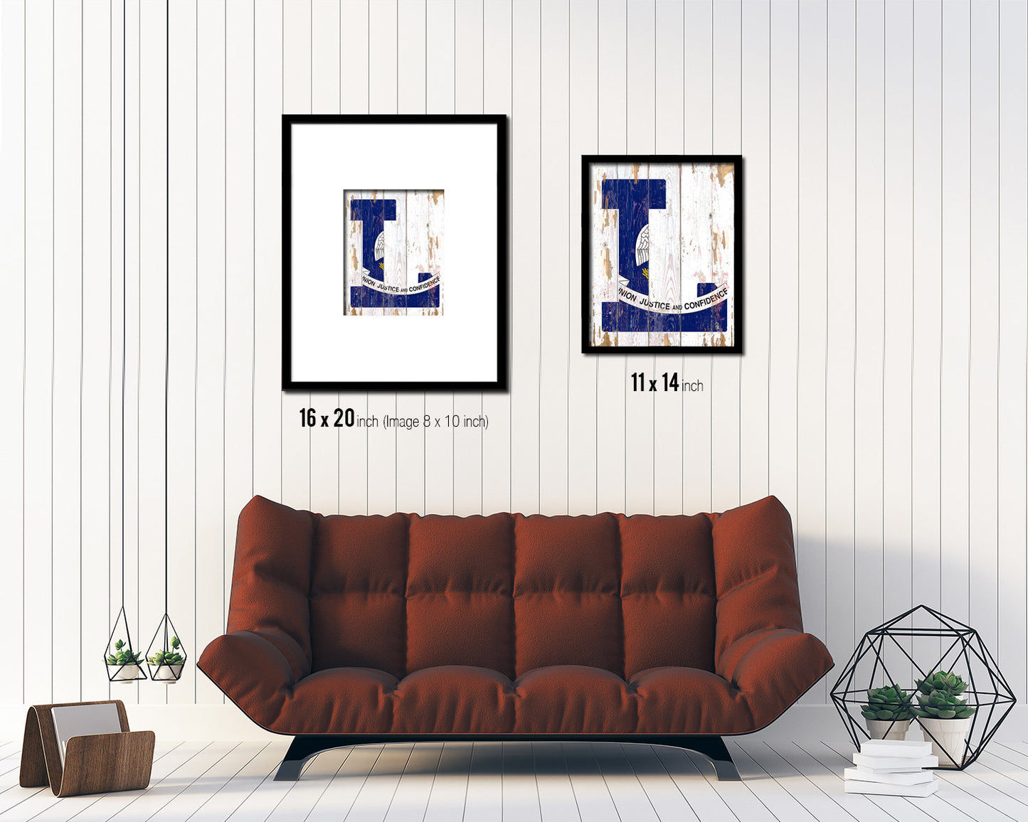 Louisiana State Initial Flag Wood Framed Paper Print Decor Wall Art Gifts, Beach