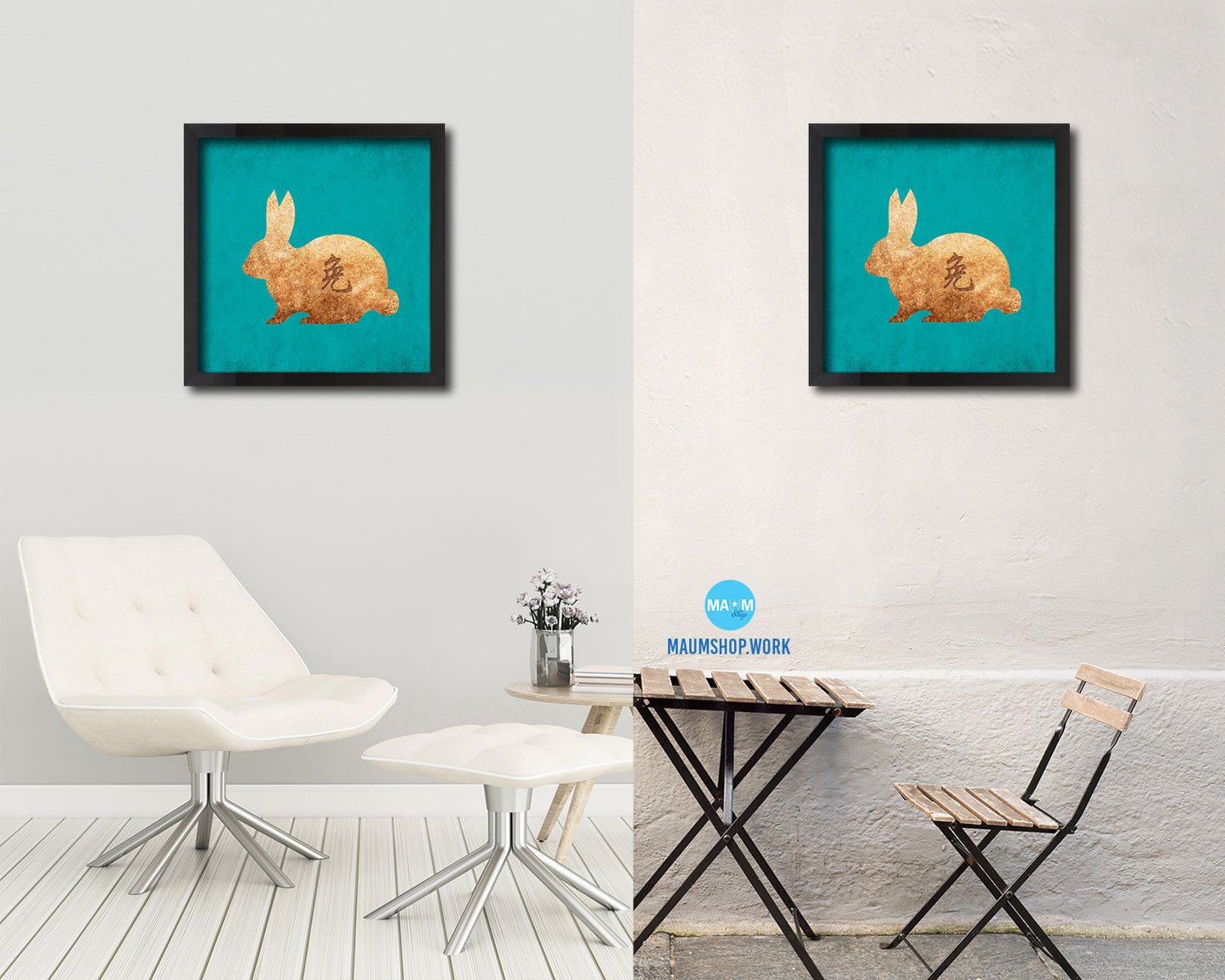Rabbit Chinese Zodiac Character Wood Framed Print Wall Art Decor Gifts, Aqua