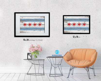 Chicago City Illinois State Rustic Flag Wood Framed Paper Prints Decor Wall Art Gifts