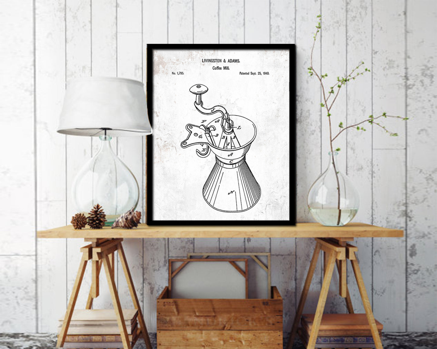 Mill Coffee Vintage Patent Artwork Black Frame Print Wall Art Decor Gifts