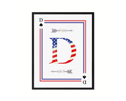 Letter D Custom Monogram Card Decks Spade American Flag Framed Print Wall Art Decor Gifts