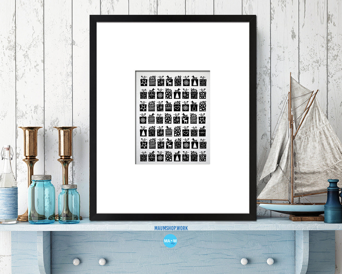 Christmas Gift Black and White Box Holiday Season Gifts Wood Framed Print Home Decor Wall Art